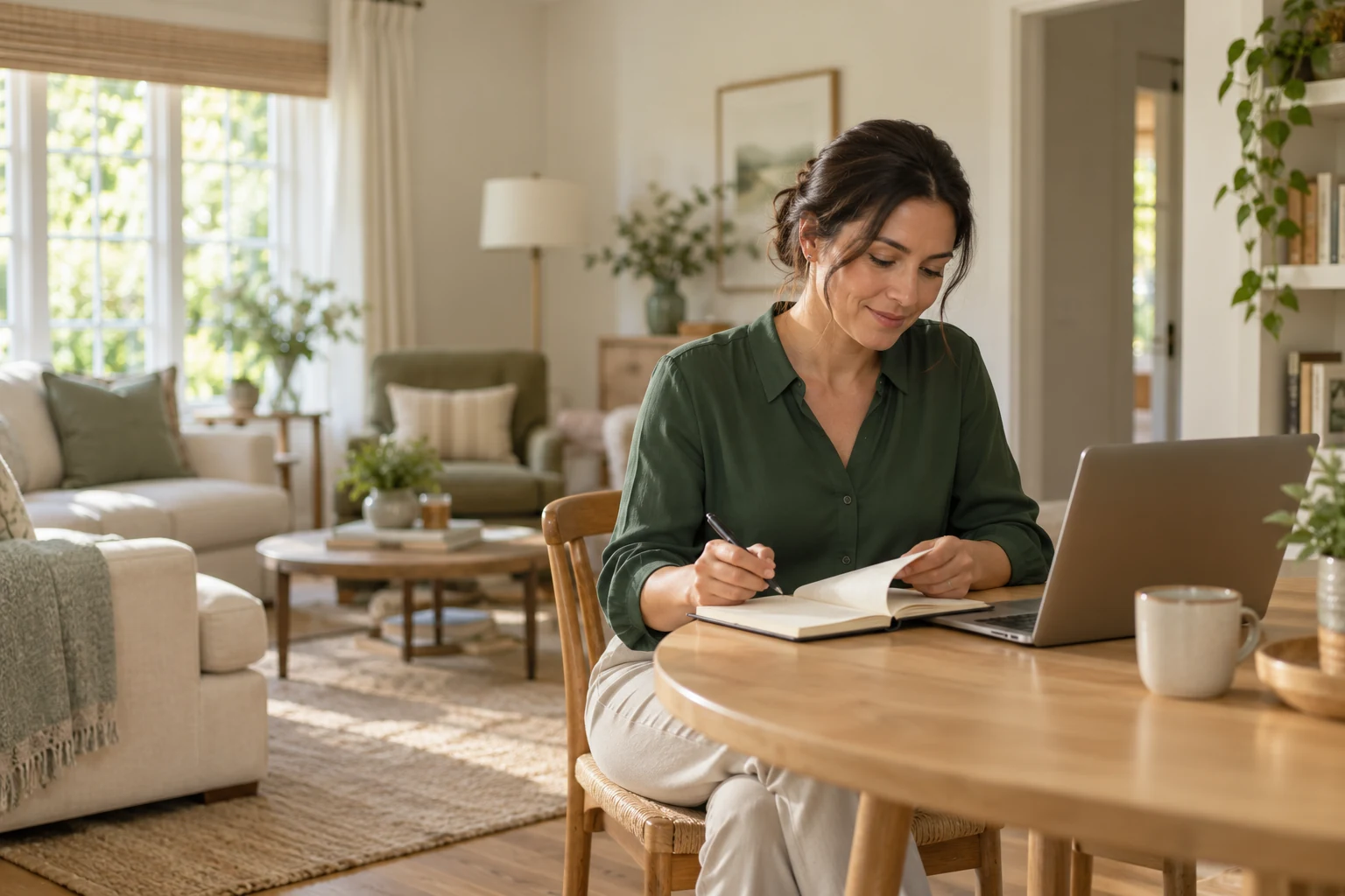 Illustrative home-care practice coordinator reviewing work at a table in a home setting